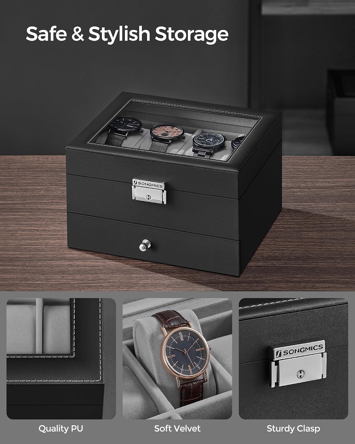 SONGMICS Watch Box, 12-Slot Watch Case Organizer with Large Glass Lid, 2 Layers, Removable Pillows, Metal Lock, Gift for Loved Ones, Black Synthetic Leather, Gray Lining UJWB012