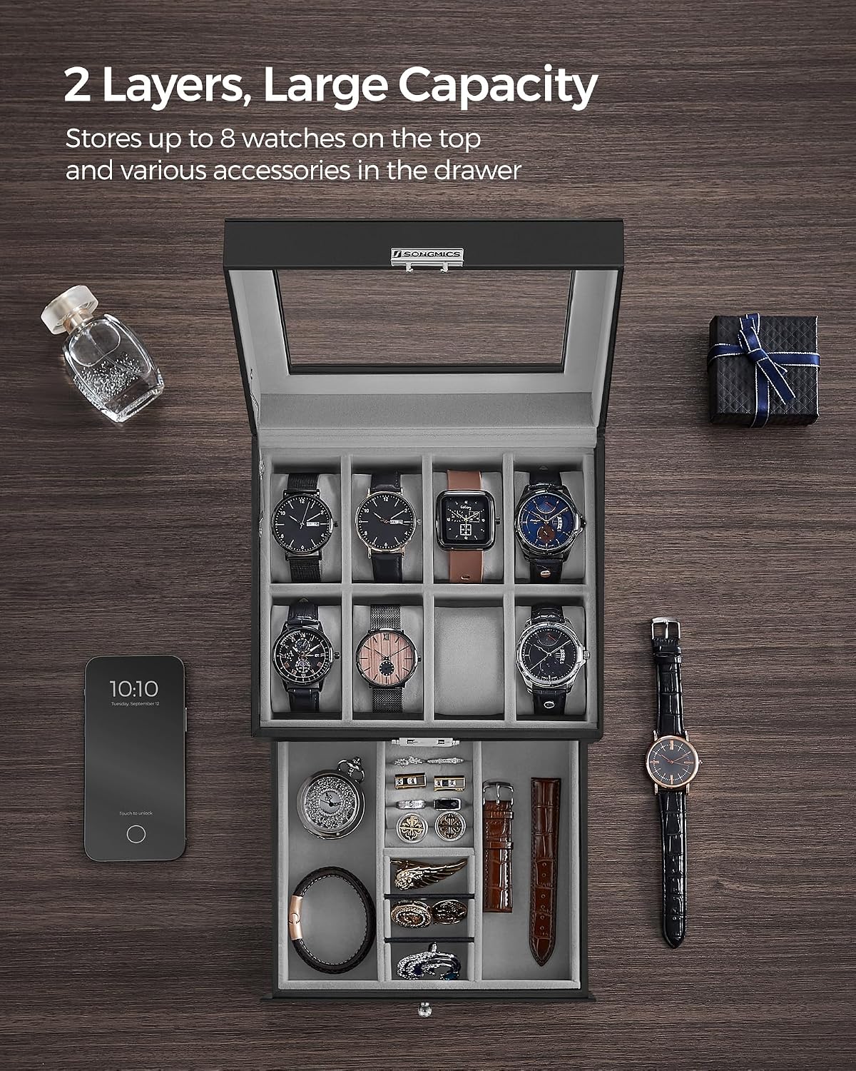 SONGMICS Watch Box, 12-Slot Watch Case Organizer with Large Glass Lid, 2 Layers, Removable Pillows, Metal Lock, Gift for Loved Ones, Black Synthetic Leather, Gray Lining UJWB012