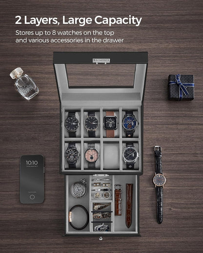 SONGMICS Watch Box, 12-Slot Watch Case Organizer with Large Glass Lid, 2 Layers, Removable Pillows, Metal Lock, Gift for Loved Ones, Black Synthetic Leather, Gray Lining UJWB012