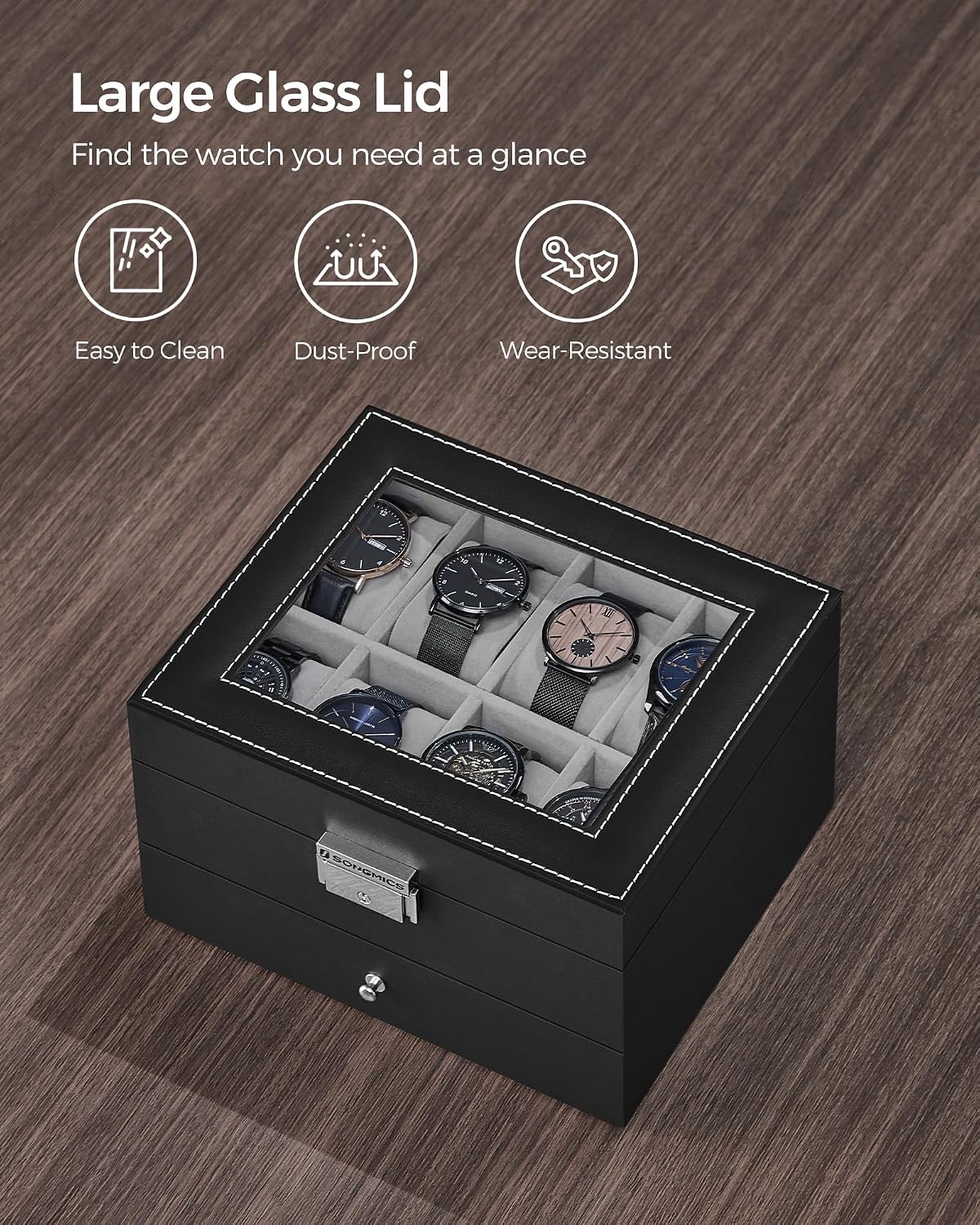 SONGMICS Watch Box, 12-Slot Watch Case Organizer with Large Glass Lid, 2 Layers, Removable Pillows, Metal Lock, Gift for Loved Ones, Black Synthetic Leather, Gray Lining UJWB012
