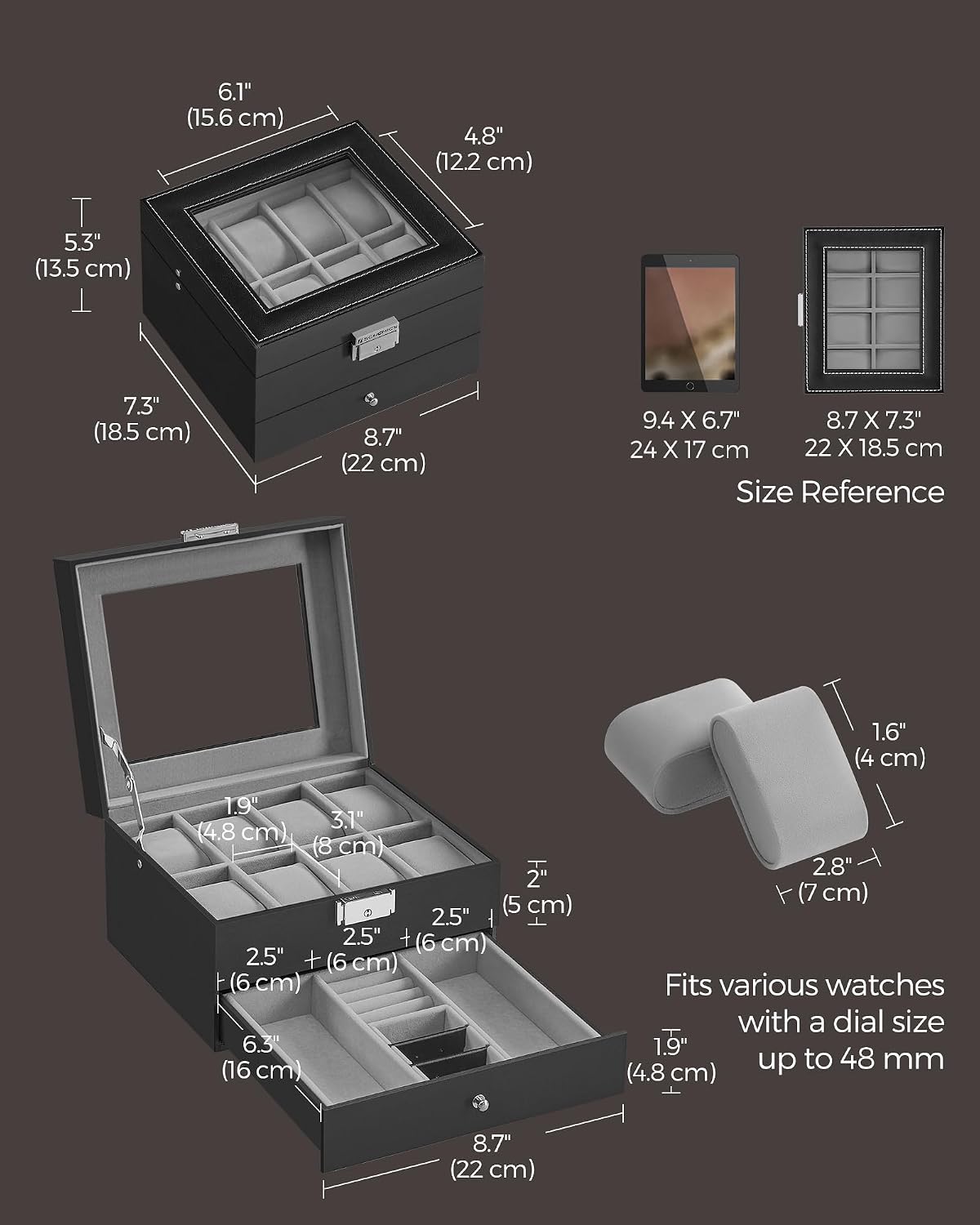 SONGMICS Watch Box, 12-Slot Watch Case Organizer with Large Glass Lid, 2 Layers, Removable Pillows, Metal Lock, Gift for Loved Ones, Black Synthetic Leather, Gray Lining UJWB012