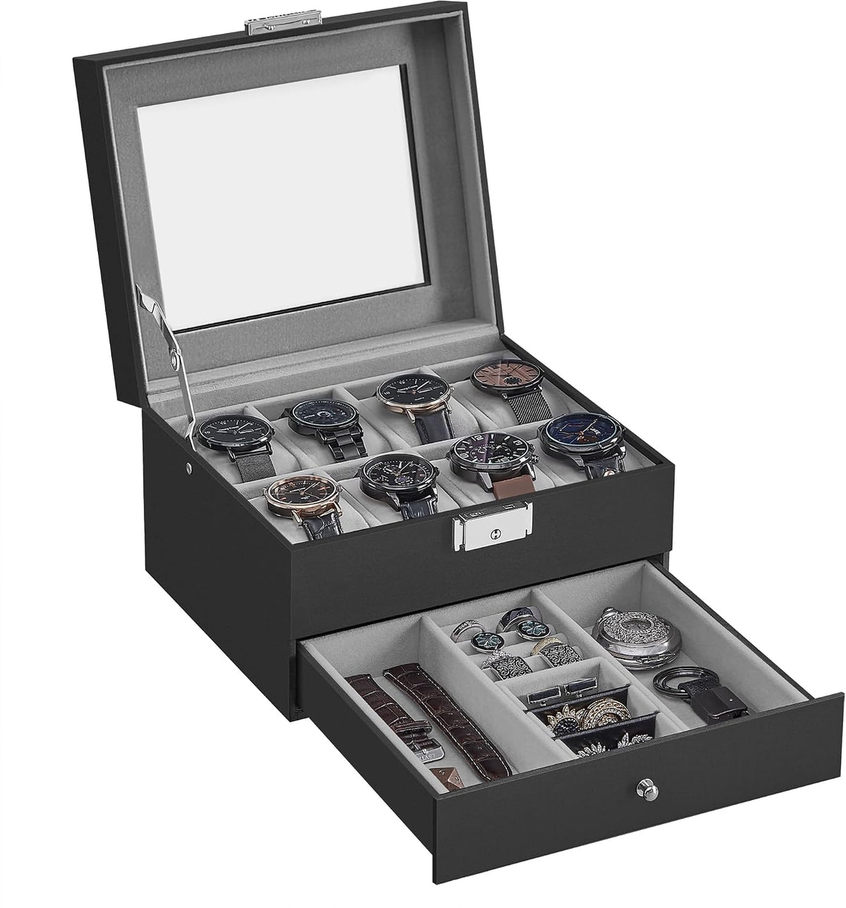 SONGMICS Watch Box, 12-Slot Watch Case Organizer with Large Glass Lid, 2 Layers, Removable Pillows, Metal Lock, Gift for Loved Ones, Black Synthetic Leather, Gray Lining UJWB012