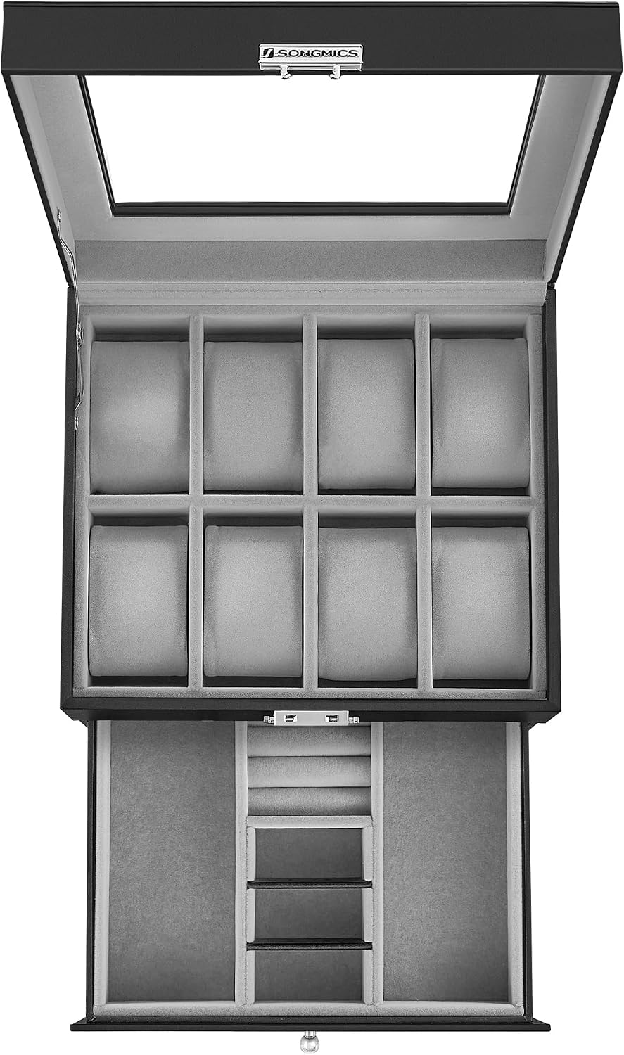 SONGMICS Watch Box, 12-Slot Watch Case Organizer with Large Glass Lid, 2 Layers, Removable Pillows, Metal Lock, Gift for Loved Ones, Black Synthetic Leather, Gray Lining UJWB012