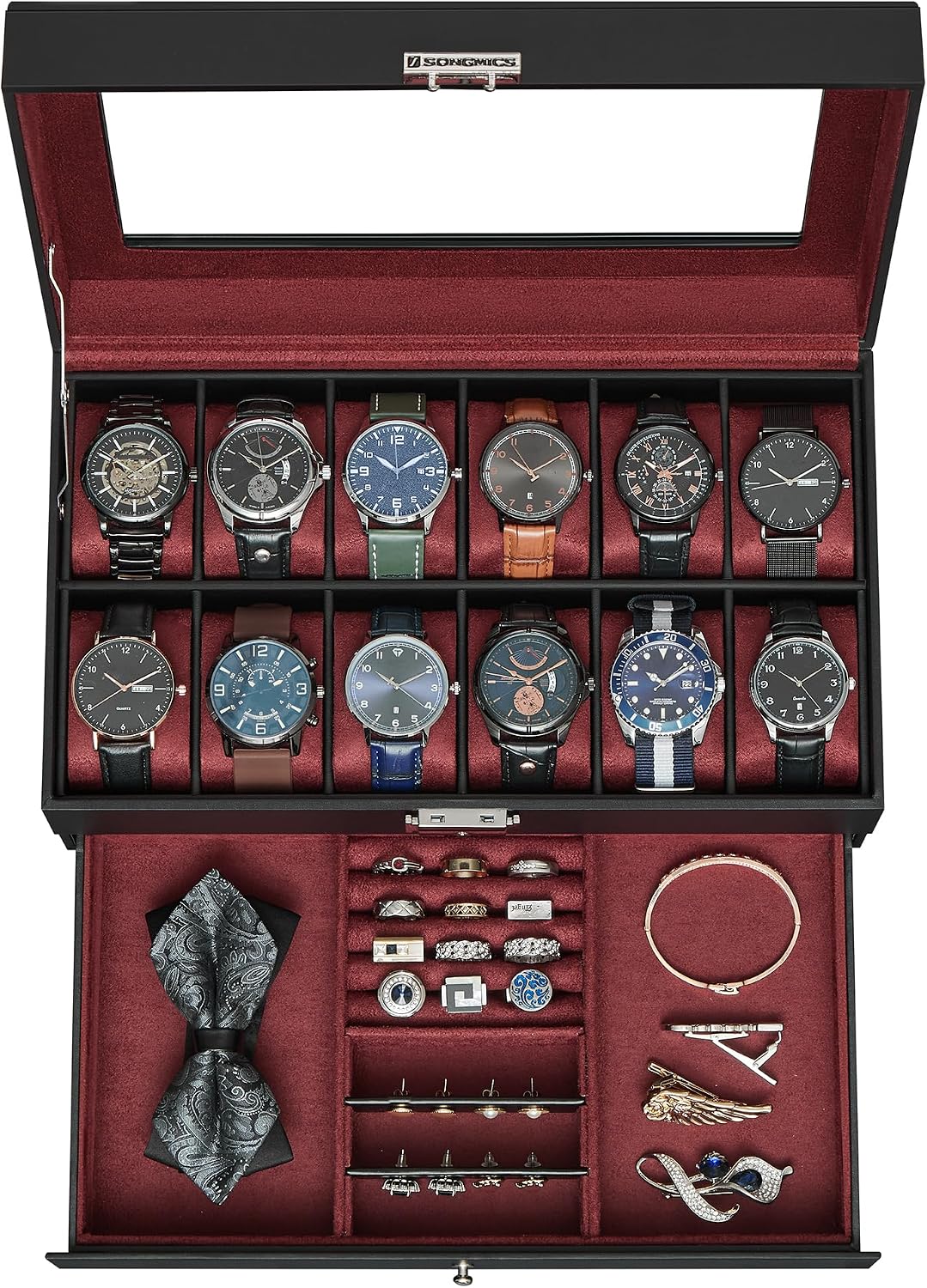 SONGMICS Watch Box, 12-Slot Watch Case Organizer with Large Glass Lid, 2 Layers, Removable Pillows, Metal Lock, Gift for Loved Ones, Black Synthetic Leather, Gray Lining UJWB012