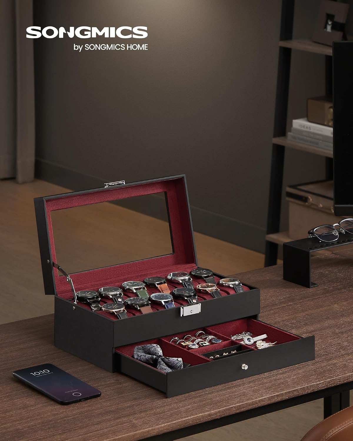 SONGMICS Watch Box, 12-Slot Watch Case Organizer with Large Glass Lid, 2 Layers, Removable Pillows, Metal Lock, Gift for Loved Ones, Black Synthetic Leather, Gray Lining UJWB012