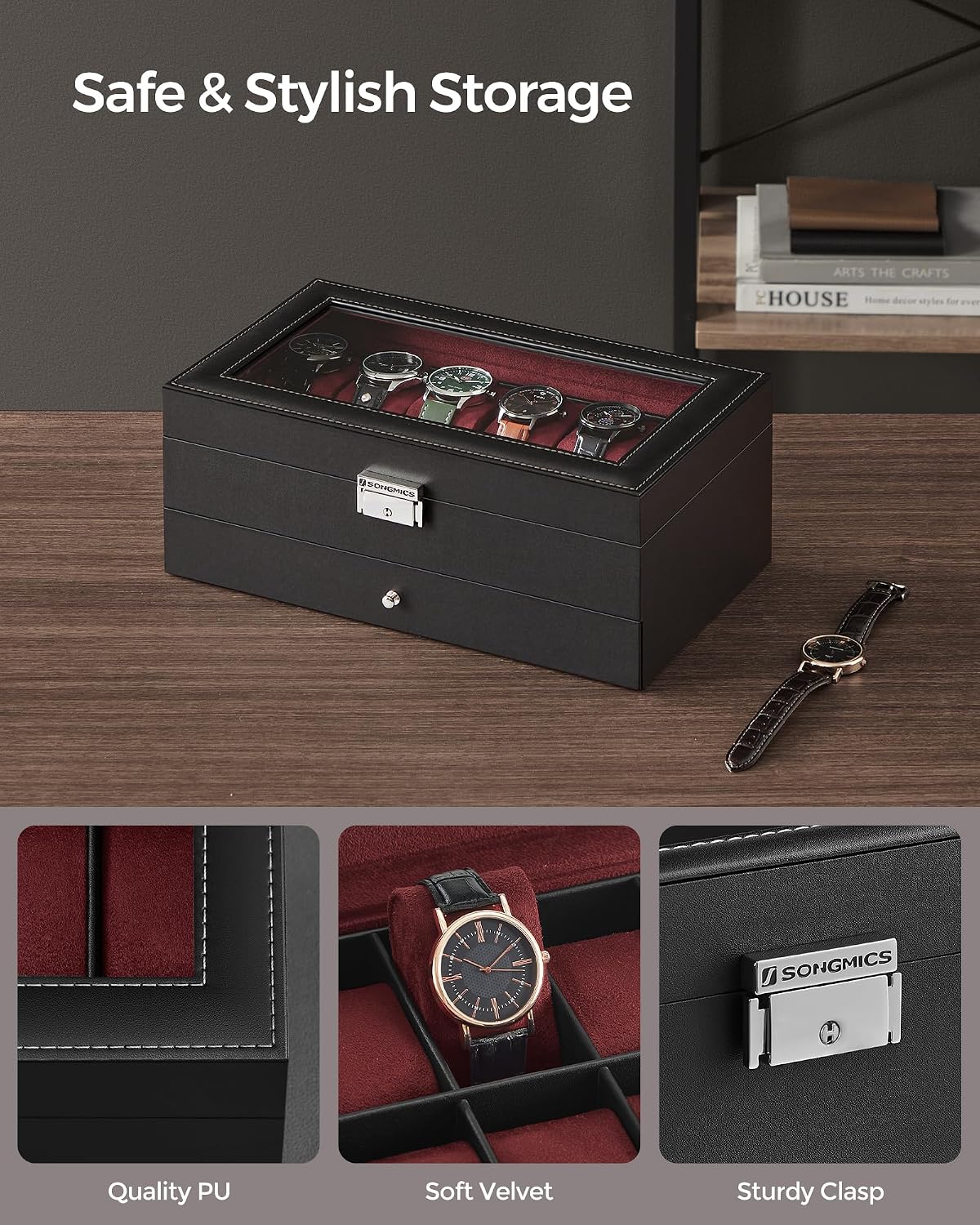 SONGMICS Watch Box, 12-Slot Watch Case Organizer with Large Glass Lid, 2 Layers, Removable Pillows, Metal Lock, Gift for Loved Ones, Black Synthetic Leather, Gray Lining UJWB012