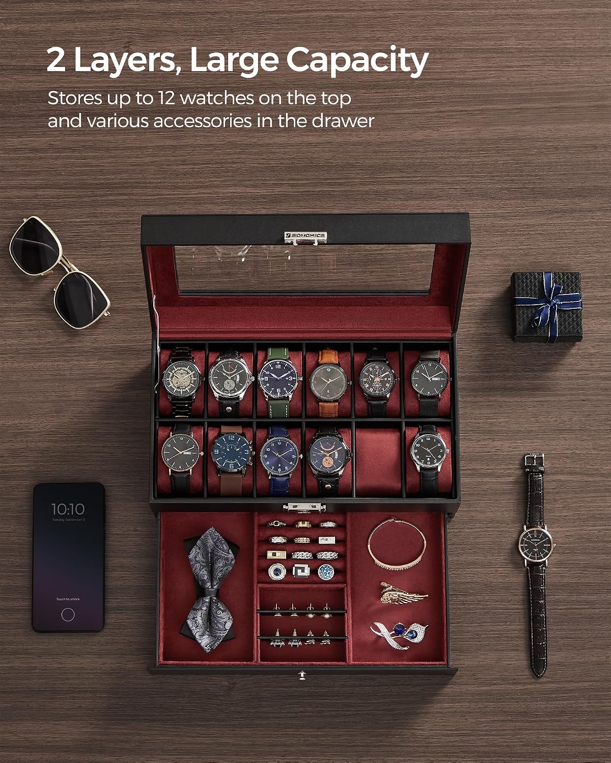 SONGMICS Watch Box, 12-Slot Watch Case Organizer with Large Glass Lid, 2 Layers, Removable Pillows, Metal Lock, Gift for Loved Ones, Black Synthetic Leather, Gray Lining UJWB012