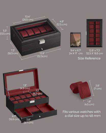 SONGMICS Watch Box, 12-Slot Watch Case Organizer with Large Glass Lid, 2 Layers, Removable Pillows, Metal Lock, Gift for Loved Ones, Black Synthetic Leather, Gray Lining UJWB012