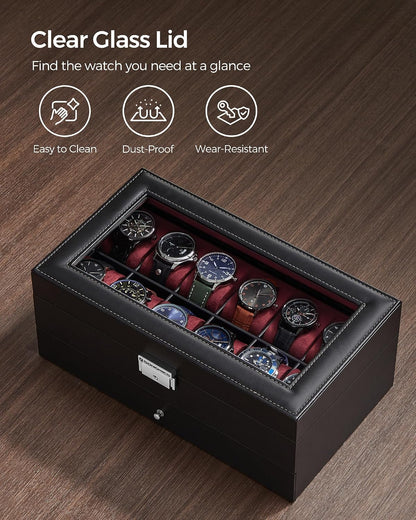 SONGMICS Watch Box, 12-Slot Watch Case Organizer with Large Glass Lid, 2 Layers, Removable Pillows, Metal Lock, Gift for Loved Ones, Black Synthetic Leather, Gray Lining UJWB012