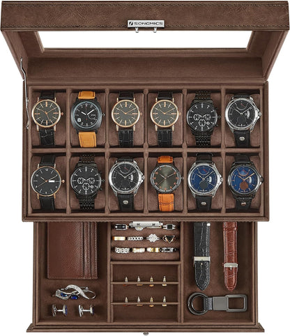 SONGMICS Watch Box, 12-Slot Watch Case Organizer with Large Glass Lid, 2 Layers, Removable Pillows, Metal Lock, Gift for Loved Ones, Black Synthetic Leather, Gray Lining UJWB012