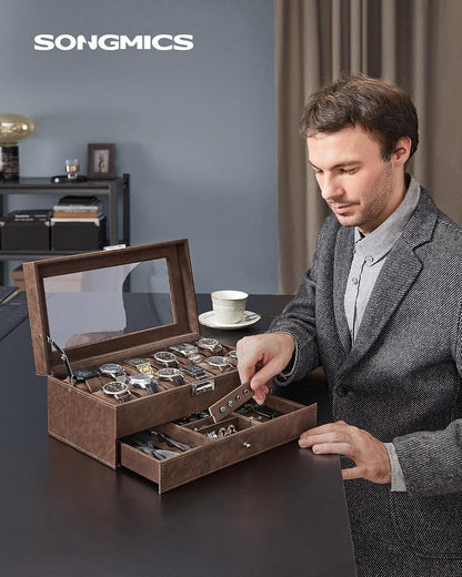 SONGMICS Watch Box, 12-Slot Watch Case Organizer with Large Glass Lid, 2 Layers, Removable Pillows, Metal Lock, Gift for Loved Ones, Black Synthetic Leather, Gray Lining UJWB012