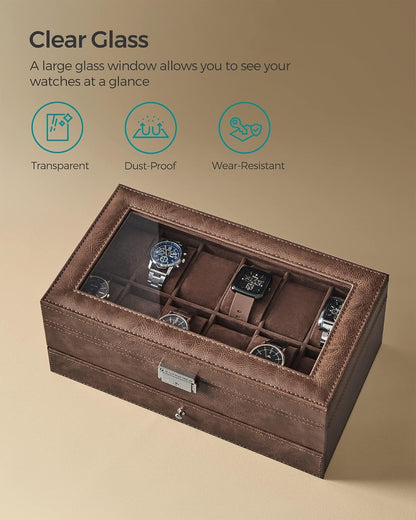 SONGMICS Watch Box, 12-Slot Watch Case Organizer with Large Glass Lid, 2 Layers, Removable Pillows, Metal Lock, Gift for Loved Ones, Black Synthetic Leather, Gray Lining UJWB012