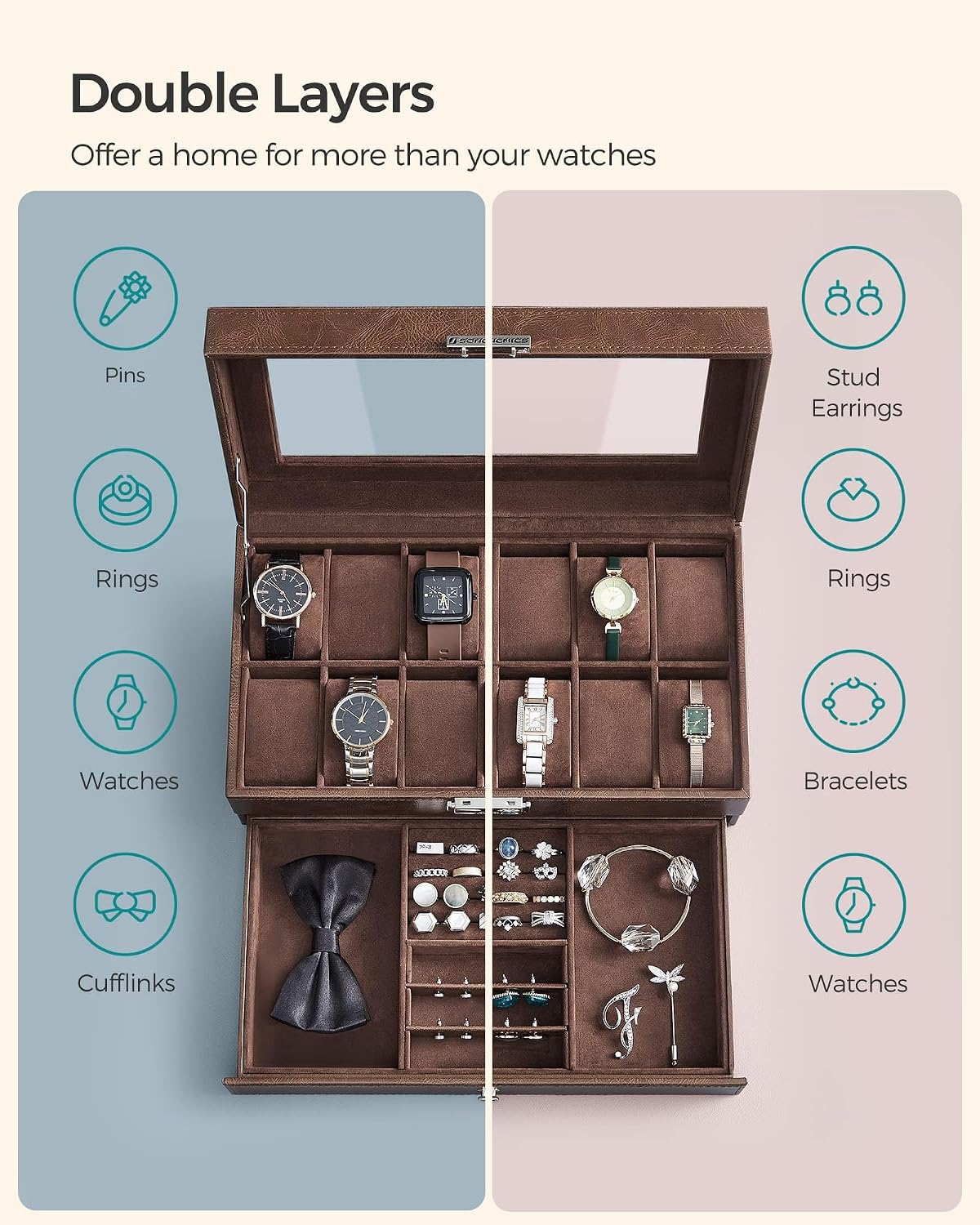 SONGMICS Watch Box, 12-Slot Watch Case Organizer with Large Glass Lid, 2 Layers, Removable Pillows, Metal Lock, Gift for Loved Ones, Black Synthetic Leather, Gray Lining UJWB012