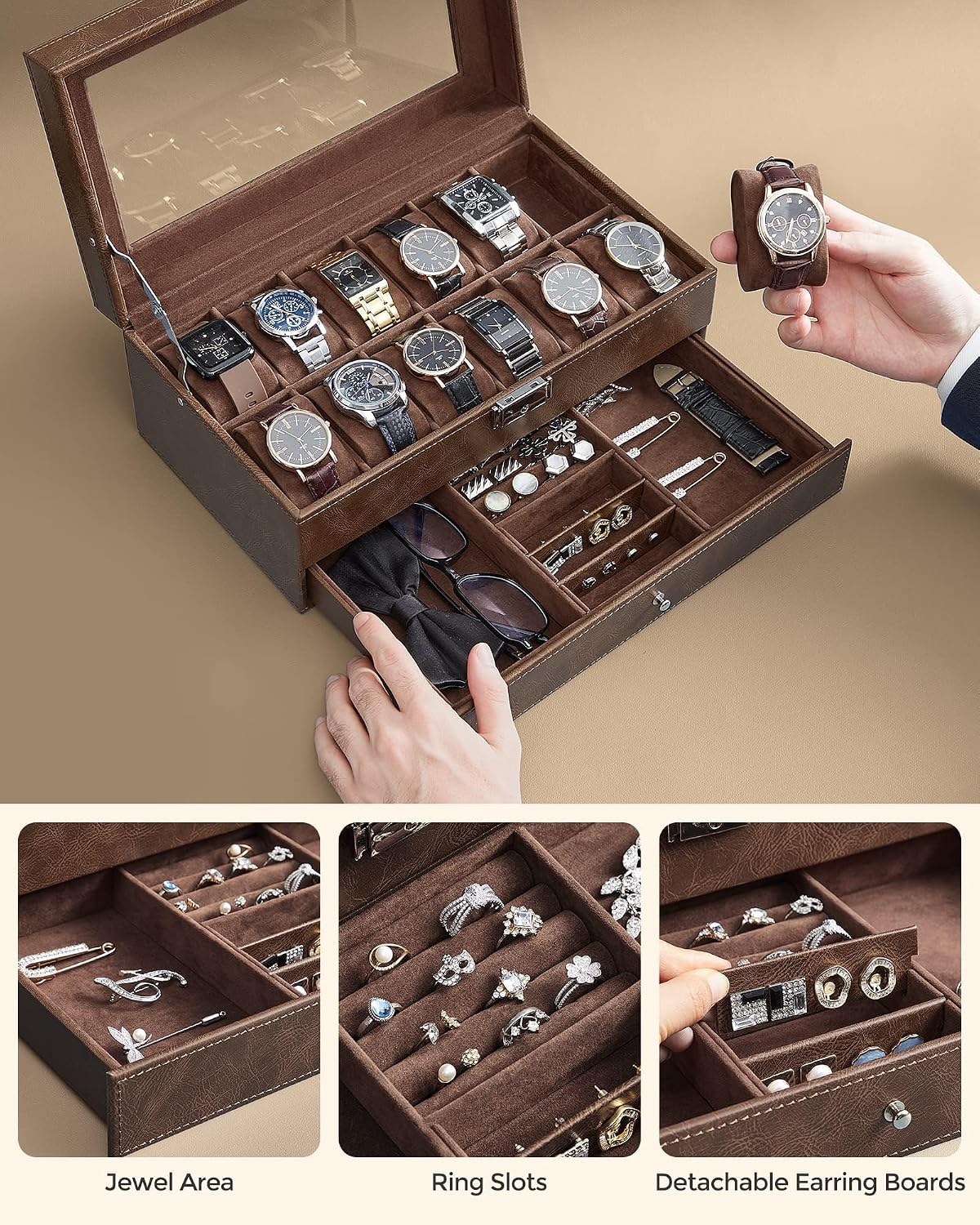 SONGMICS Watch Box, 12-Slot Watch Case Organizer with Large Glass Lid, 2 Layers, Removable Pillows, Metal Lock, Gift for Loved Ones, Black Synthetic Leather, Gray Lining UJWB012