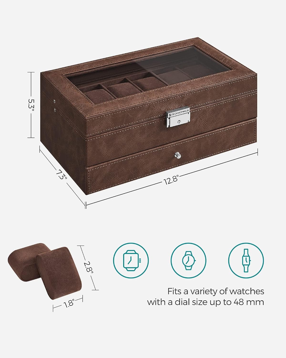 SONGMICS Watch Box, 12-Slot Watch Case Organizer with Large Glass Lid, 2 Layers, Removable Pillows, Metal Lock, Gift for Loved Ones, Black Synthetic Leather, Gray Lining UJWB012