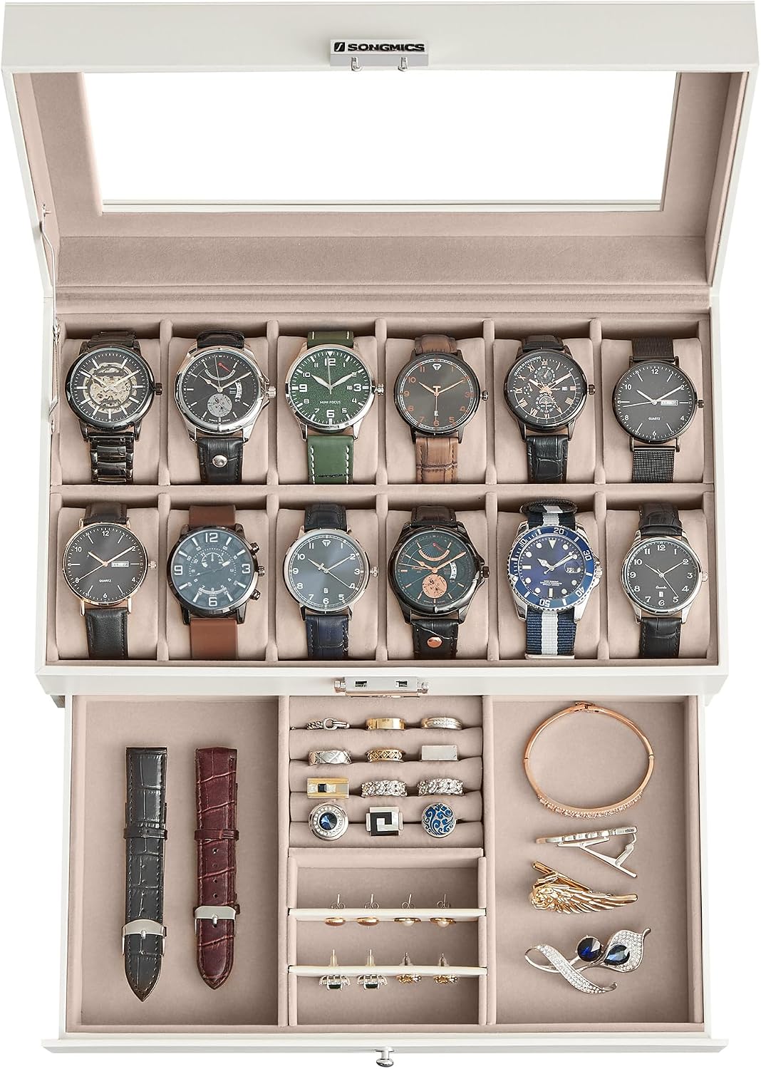 SONGMICS Watch Box, 12-Slot Watch Case Organizer with Large Glass Lid, 2 Layers, Removable Pillows, Metal Lock, Gift for Loved Ones, Black Synthetic Leather, Gray Lining UJWB012