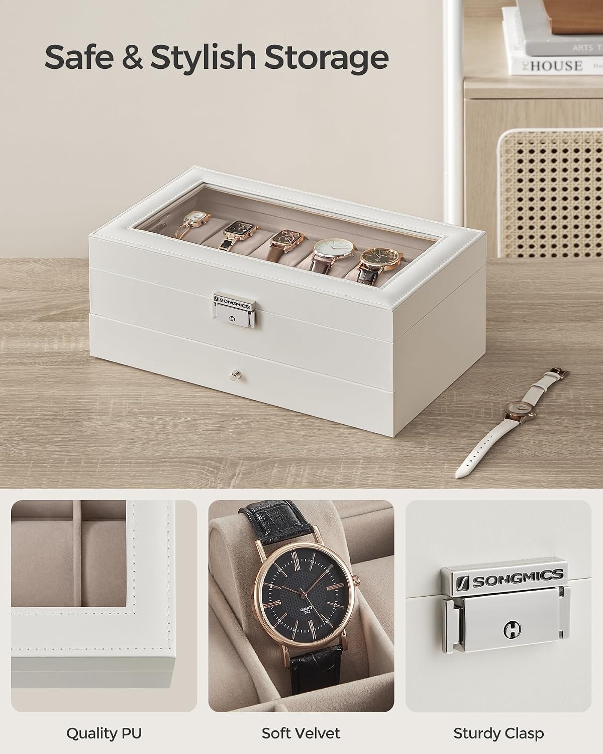 SONGMICS Watch Box, 12-Slot Watch Case Organizer with Large Glass Lid, 2 Layers, Removable Pillows, Metal Lock, Gift for Loved Ones, Black Synthetic Leather, Gray Lining UJWB012