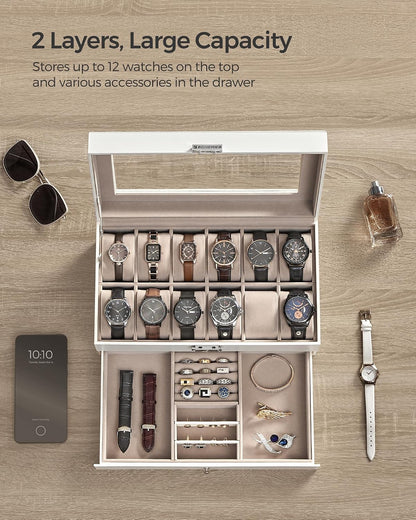 SONGMICS Watch Box, 12-Slot Watch Case Organizer with Large Glass Lid, 2 Layers, Removable Pillows, Metal Lock, Gift for Loved Ones, Black Synthetic Leather, Gray Lining UJWB012