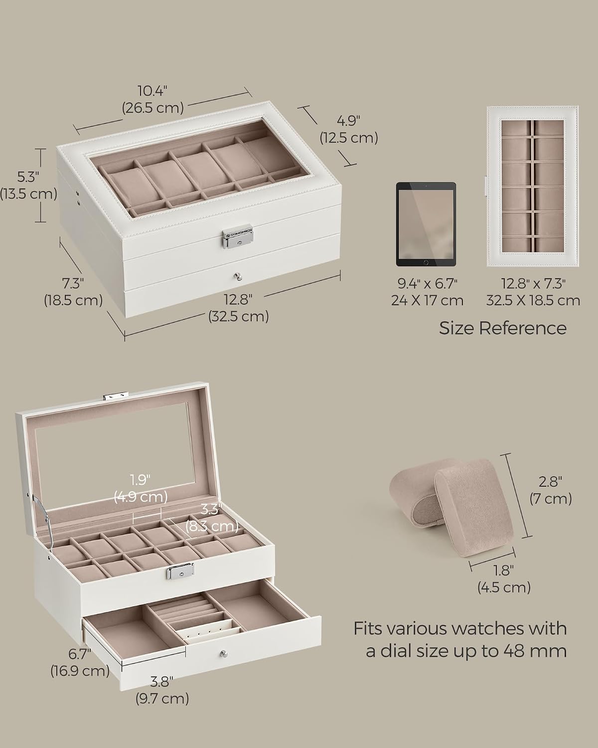 SONGMICS Watch Box, 12-Slot Watch Case Organizer with Large Glass Lid, 2 Layers, Removable Pillows, Metal Lock, Gift for Loved Ones, Black Synthetic Leather, Gray Lining UJWB012