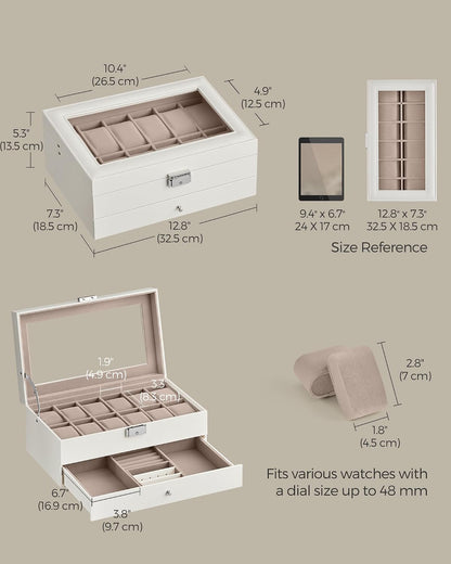 SONGMICS Watch Box, 12-Slot Watch Case Organizer with Large Glass Lid, 2 Layers, Removable Pillows, Metal Lock, Gift for Loved Ones, Black Synthetic Leather, Gray Lining UJWB012