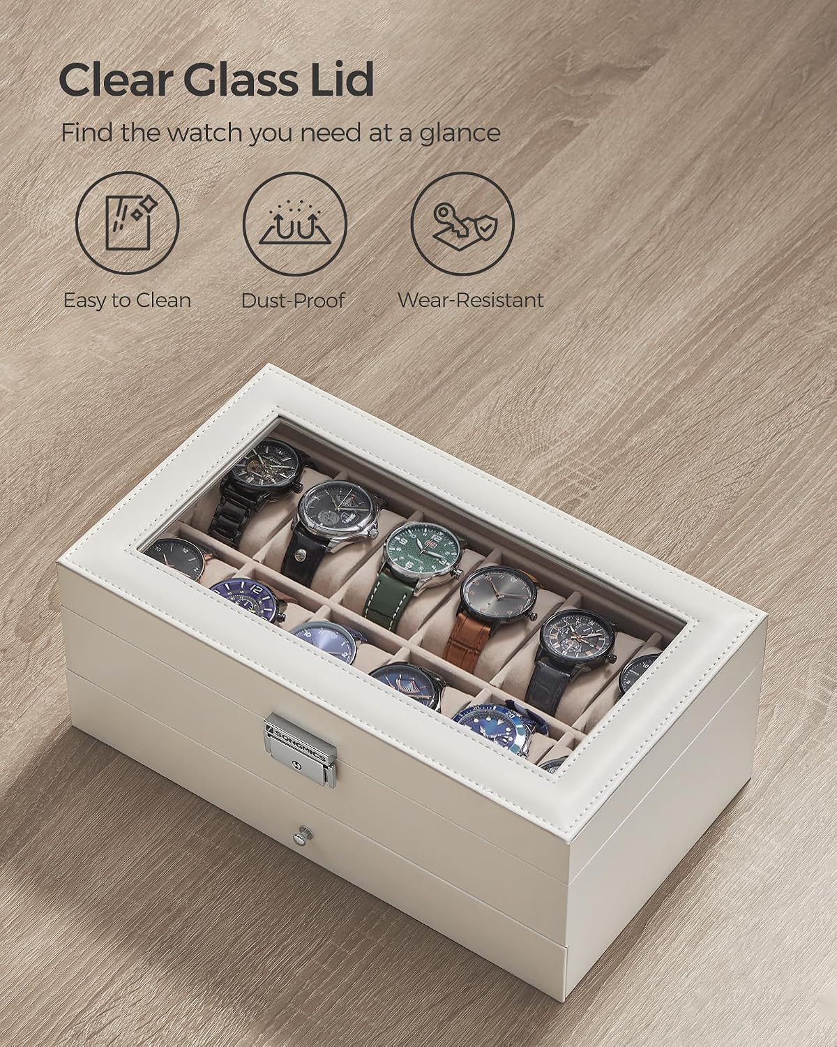 SONGMICS Watch Box, 12-Slot Watch Case Organizer with Large Glass Lid, 2 Layers, Removable Pillows, Metal Lock, Gift for Loved Ones, Black Synthetic Leather, Gray Lining UJWB012