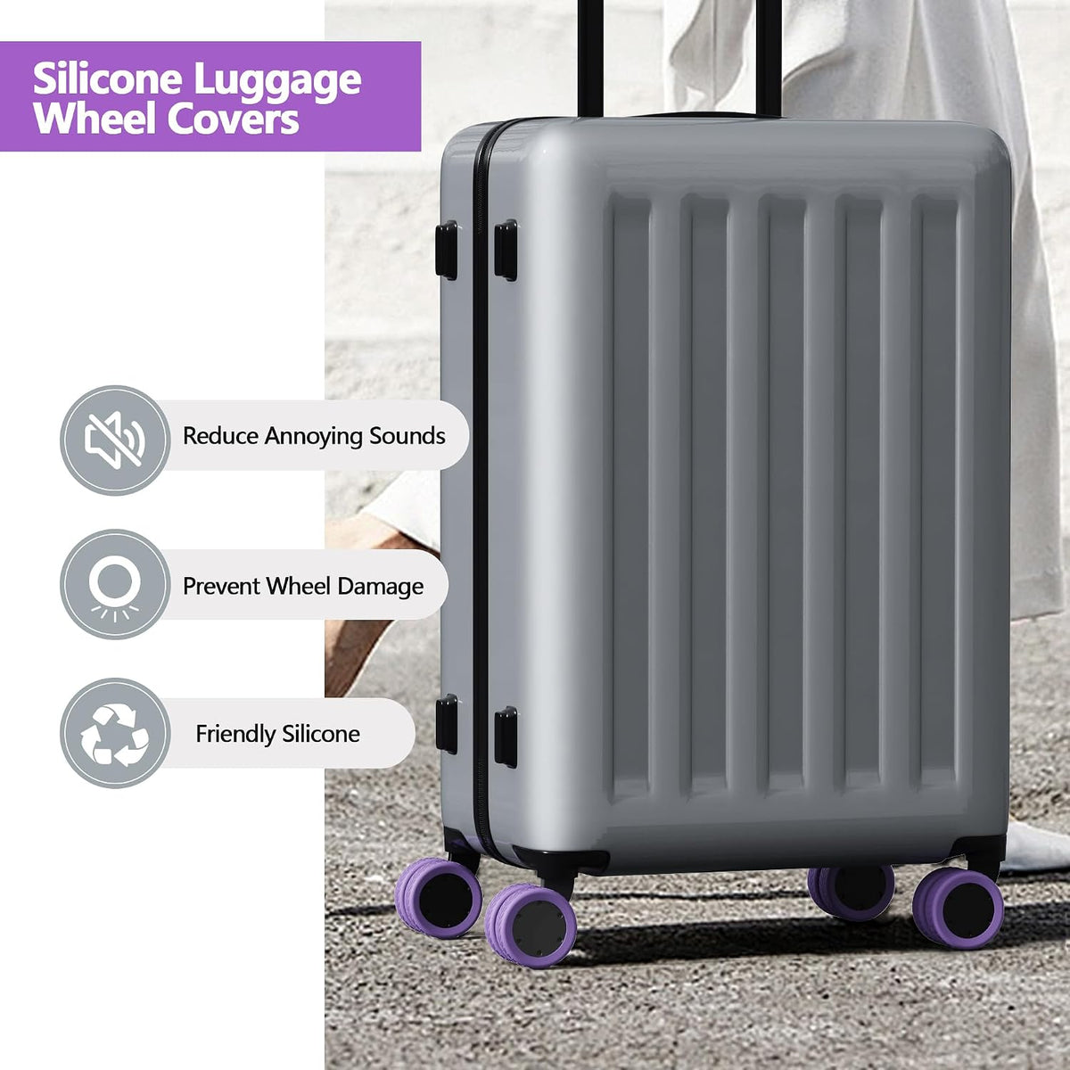 Luggage Wheel Covers 8 Pack Upgraded,Silicone Luggage Wheel Protector Covers for most 8 Spinner Wheel Suitcases or Office Chair Caster,Durable,Mute and Shock Absorption (Purple)
