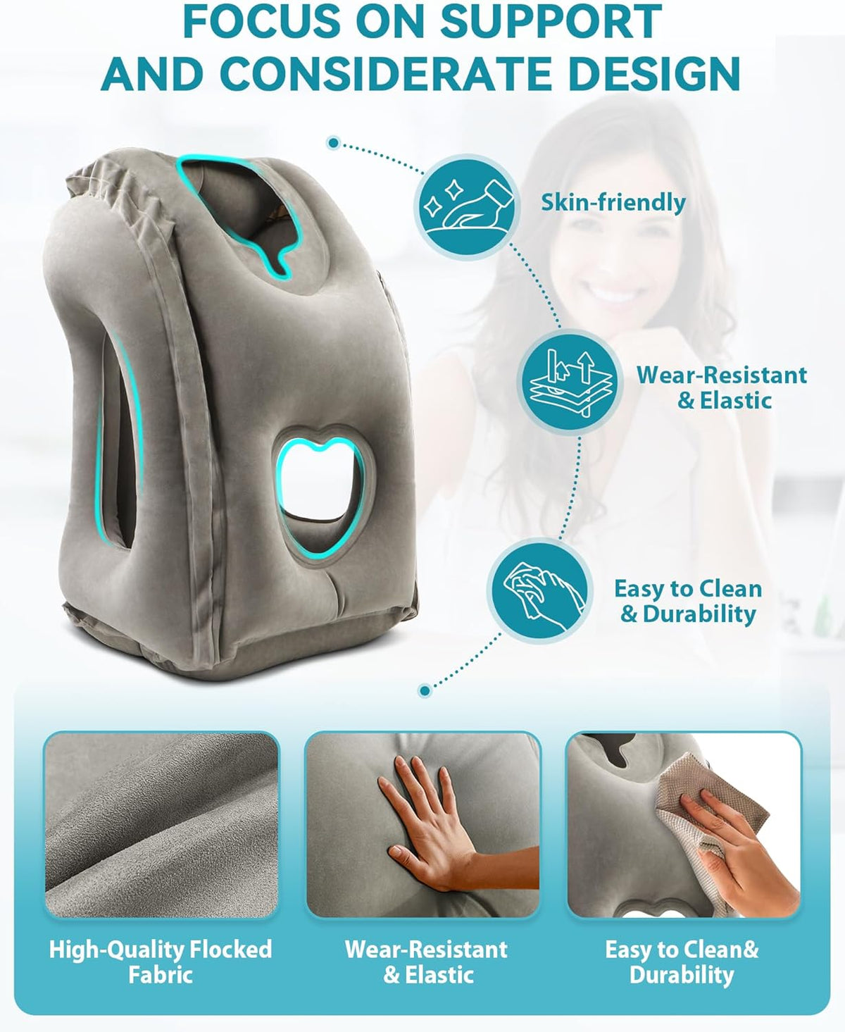 Inflatable Travel Pillow, Airplane Neck Pillow Comfortably Supports Head and Chin for Airplanes, Trains, Cars Office Napping on The Tray Table (Grey)