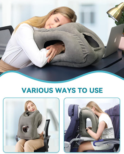 Inflatable Travel Pillow, Airplane Neck Pillow Comfortably Supports Head and Chin for Airplanes, Trains, Cars Office Napping on The Tray Table (Grey)