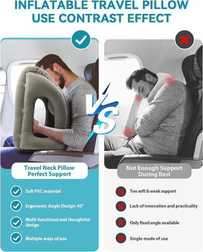 Inflatable Travel Pillow, Airplane Neck Pillow Comfortably Supports Head and Chin for Airplanes, Trains, Cars Office Napping on The Tray Table (Grey)