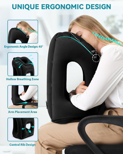 Inflatable Travel Pillow, Airplane Neck Pillow Comfortably Supports Head and Chin for Airplanes, Trains, Cars Office Napping on The Tray Table (Grey)