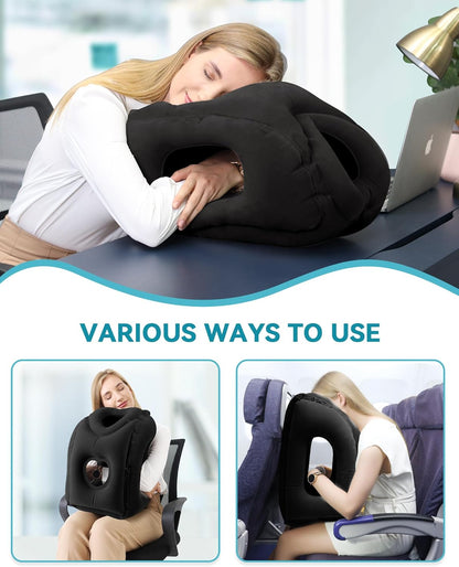 Inflatable Travel Pillow, Airplane Neck Pillow Comfortably Supports Head and Chin for Airplanes, Trains, Cars Office Napping on The Tray Table (Grey)