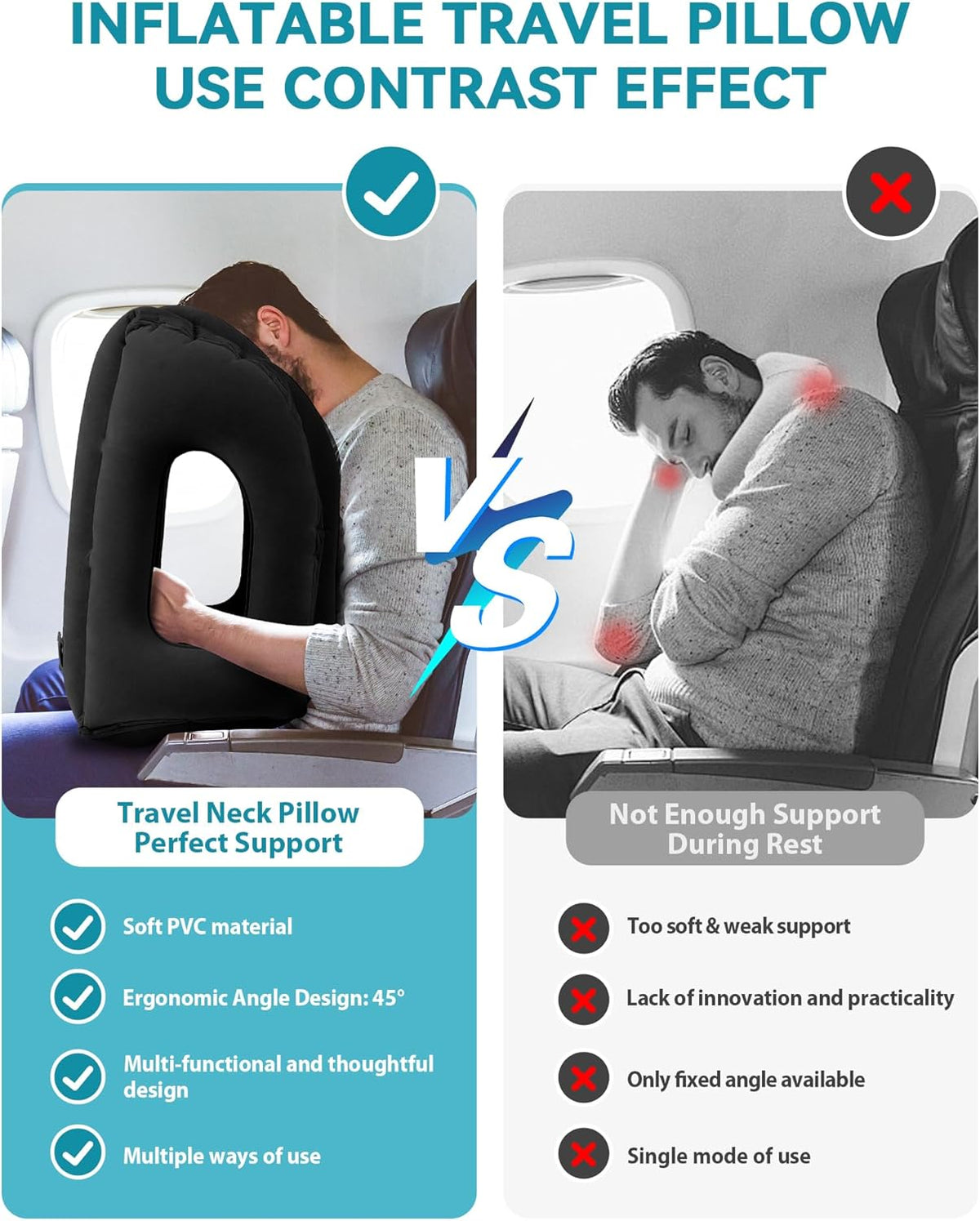 Inflatable Travel Pillow, Airplane Neck Pillow Comfortably Supports Head and Chin for Airplanes, Trains, Cars Office Napping on The Tray Table (Grey)