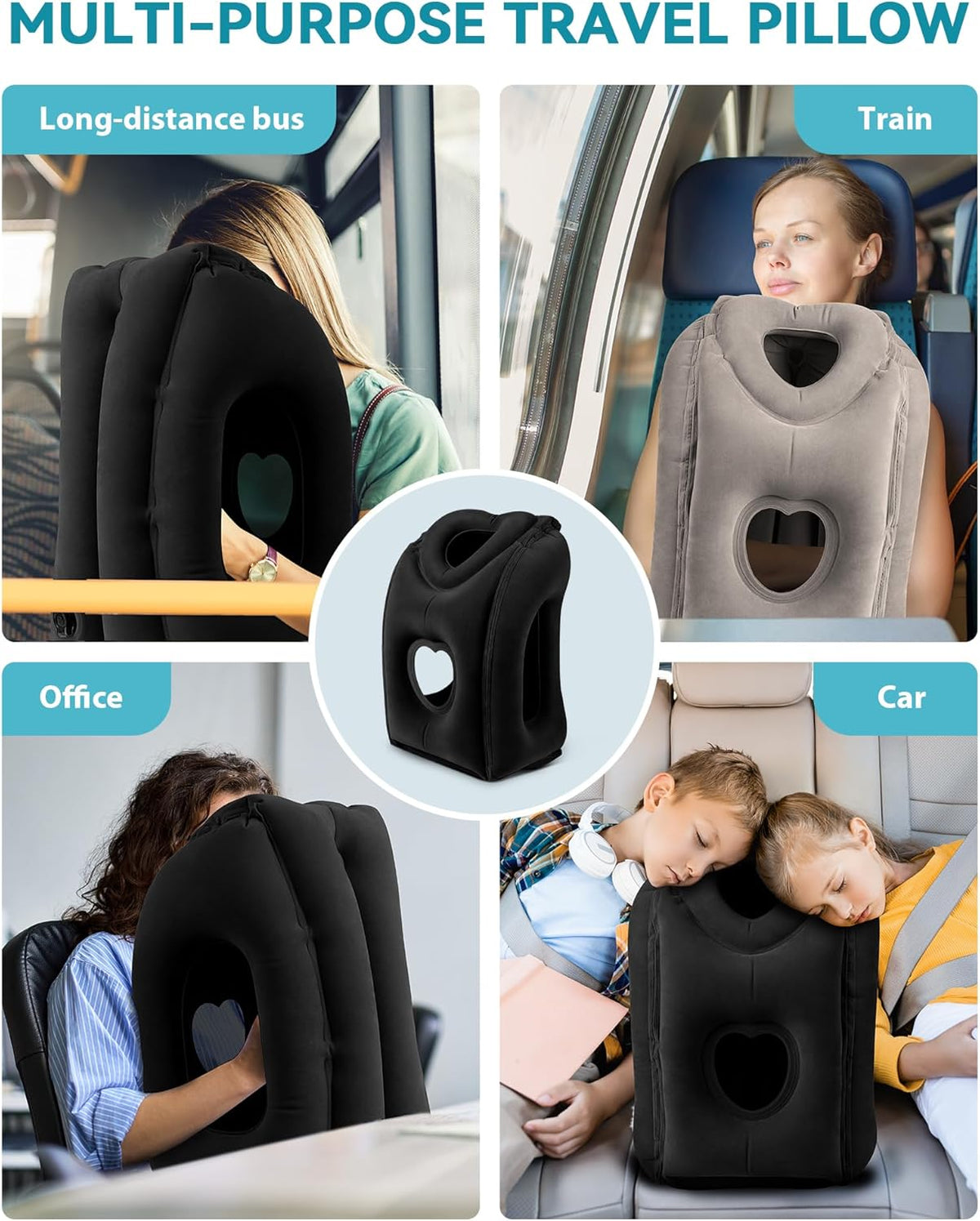 Inflatable Travel Pillow, Airplane Neck Pillow Comfortably Supports Head and Chin for Airplanes, Trains, Cars Office Napping on The Tray Table (Grey)