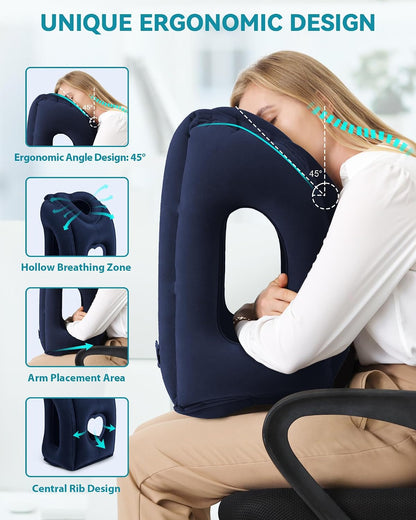 Inflatable Travel Pillow, Airplane Neck Pillow Comfortably Supports Head and Chin for Airplanes, Trains, Cars Office Napping on The Tray Table (Grey)