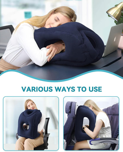Inflatable Travel Pillow, Airplane Neck Pillow Comfortably Supports Head and Chin for Airplanes, Trains, Cars Office Napping on The Tray Table (Grey)