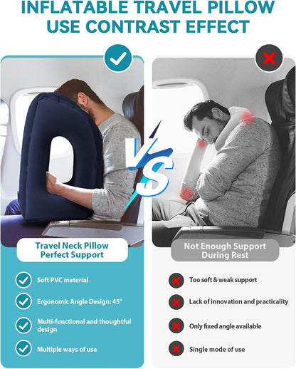 Inflatable Travel Pillow, Airplane Neck Pillow Comfortably Supports Head and Chin for Airplanes, Trains, Cars Office Napping on The Tray Table (Grey)