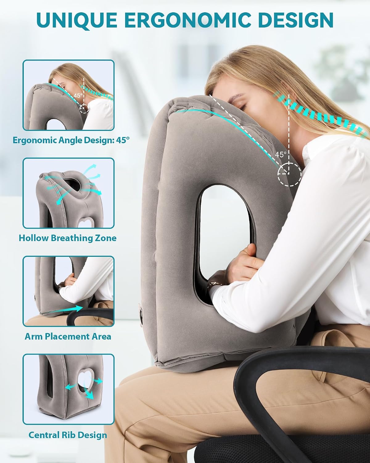 Inflatable Travel Pillow, Airplane Neck Pillow Comfortably Supports Head and Chin for Airplanes, Trains, Cars Office Napping on The Tray Table (Grey)