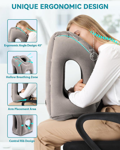 Inflatable Travel Pillow, Airplane Neck Pillow Comfortably Supports Head and Chin for Airplanes, Trains, Cars Office Napping on The Tray Table (Grey)
