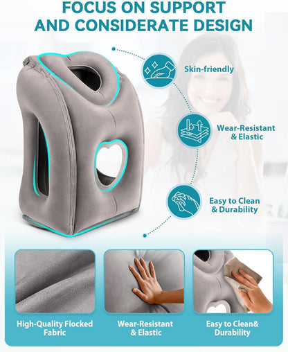 Inflatable Travel Pillow, Airplane Neck Pillow Comfortably Supports Head and Chin for Airplanes, Trains, Cars Office Napping on The Tray Table (Grey)