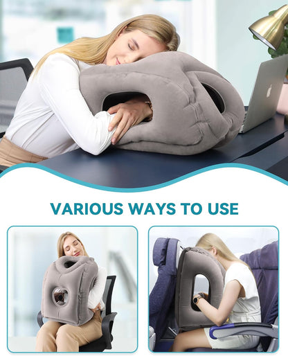 Inflatable Travel Pillow, Airplane Neck Pillow Comfortably Supports Head and Chin for Airplanes, Trains, Cars Office Napping on The Tray Table (Grey)