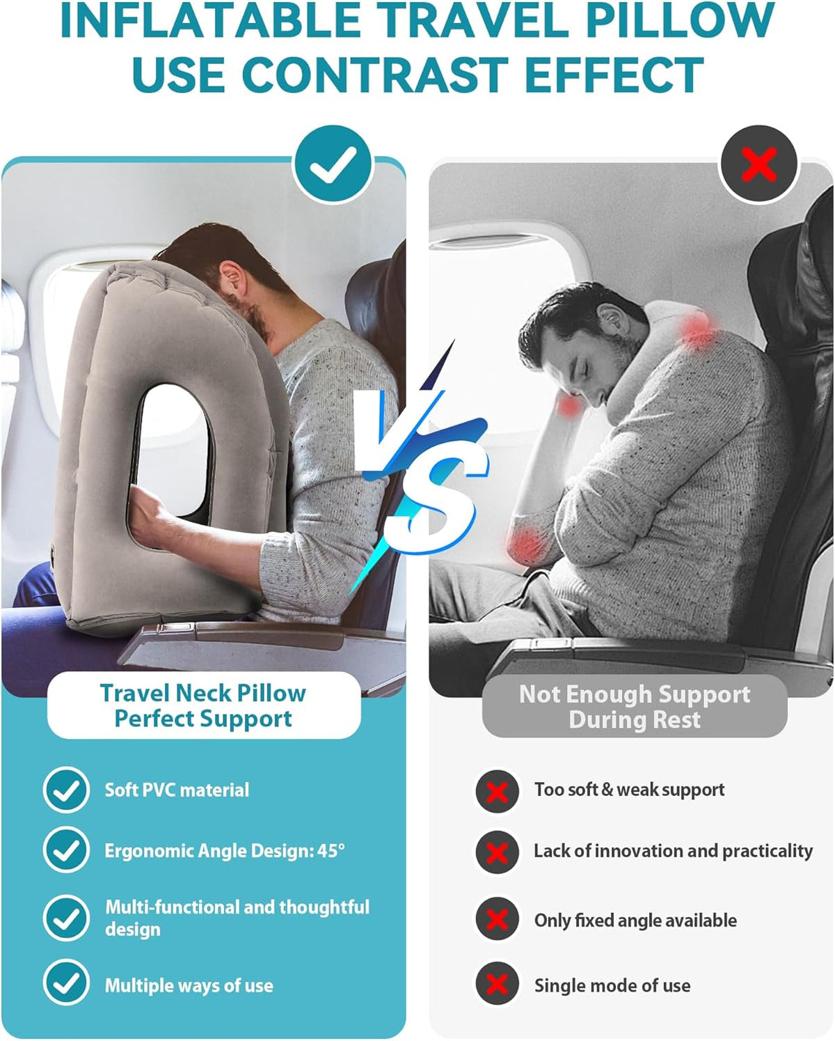 Inflatable Travel Pillow, Airplane Neck Pillow Comfortably Supports Head and Chin for Airplanes, Trains, Cars Office Napping on The Tray Table (Grey)