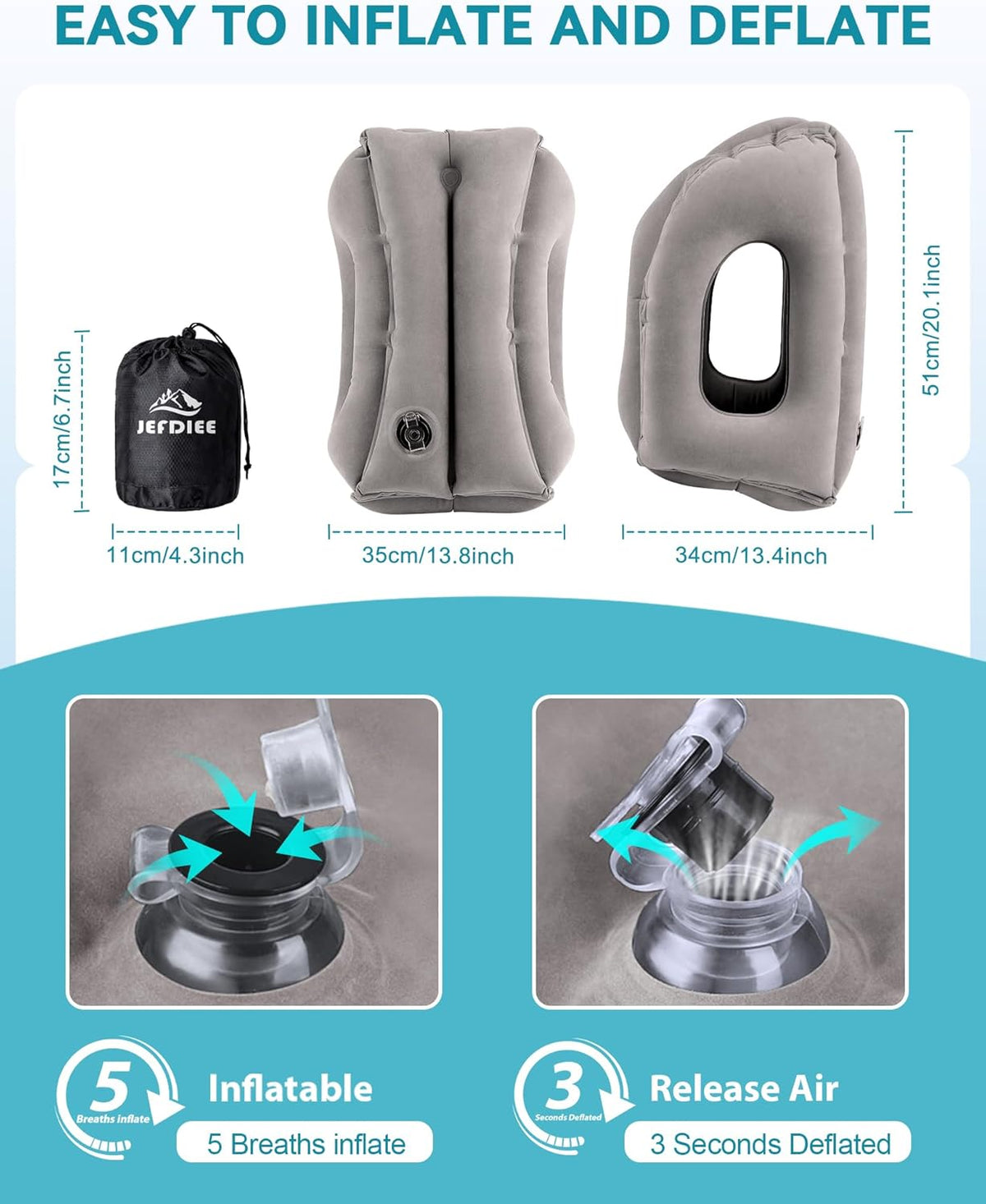 Inflatable Travel Pillow, Airplane Neck Pillow Comfortably Supports Head and Chin for Airplanes, Trains, Cars Office Napping on The Tray Table (Grey)