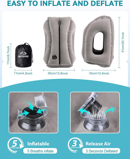 Inflatable Travel Pillow, Airplane Neck Pillow Comfortably Supports Head and Chin for Airplanes, Trains, Cars Office Napping on The Tray Table (Grey)