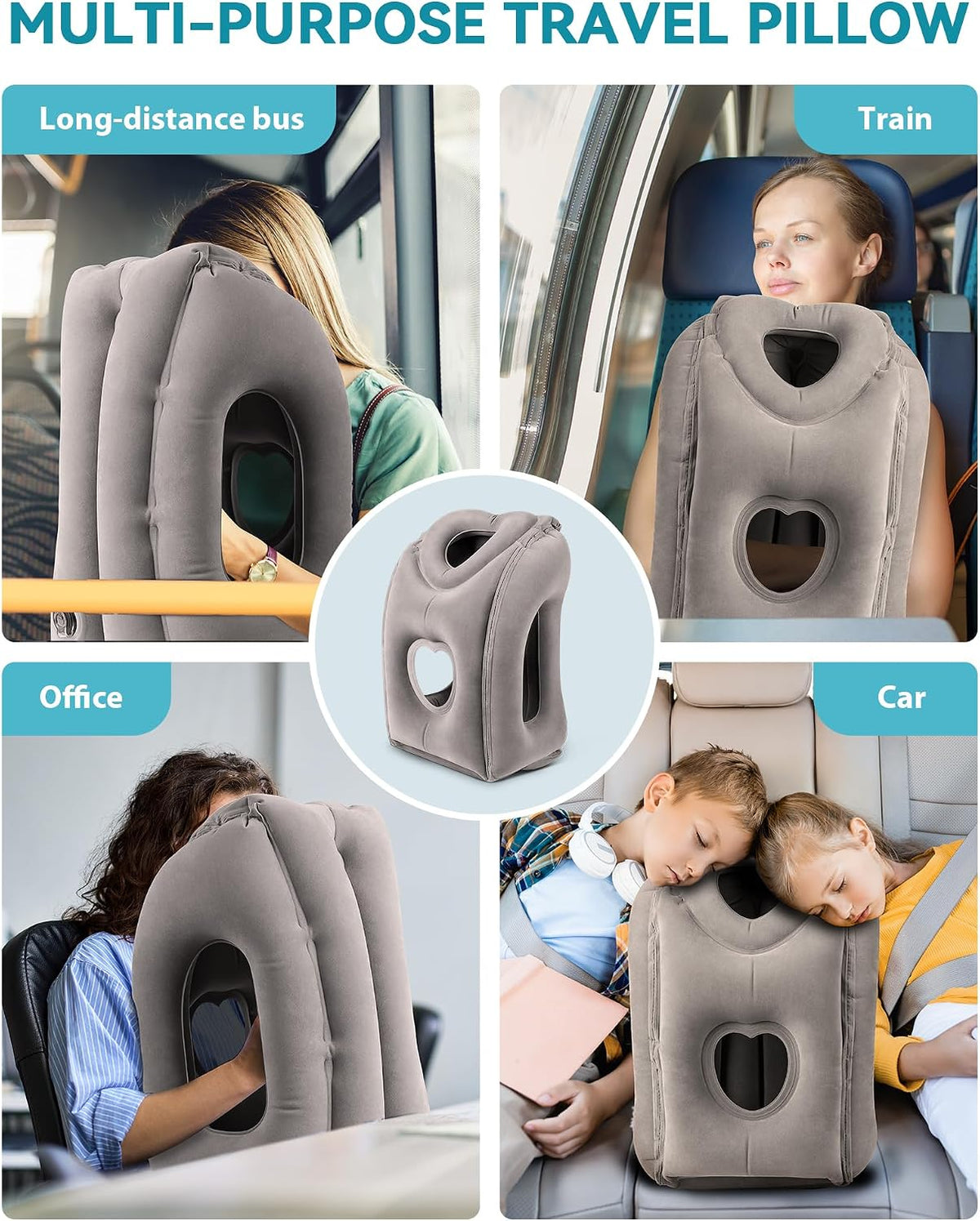 Inflatable Travel Pillow, Airplane Neck Pillow Comfortably Supports Head and Chin for Airplanes, Trains, Cars Office Napping on The Tray Table (Grey)