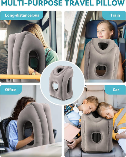 Inflatable Travel Pillow, Airplane Neck Pillow Comfortably Supports Head and Chin for Airplanes, Trains, Cars Office Napping on The Tray Table (Grey)
