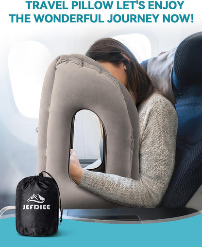 Inflatable Travel Pillow, Airplane Neck Pillow Comfortably Supports Head and Chin for Airplanes, Trains, Cars Office Napping on The Tray Table (Grey)