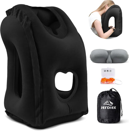 Inflatable Travel Pillow, Airplane Neck Pillow Comfortably Supports Head and Chin for Airplanes, Trains, Cars Office Napping on The Tray Table (Grey)