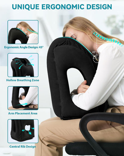 Inflatable Travel Pillow, Airplane Neck Pillow Comfortably Supports Head and Chin for Airplanes, Trains, Cars Office Napping on The Tray Table (Grey)