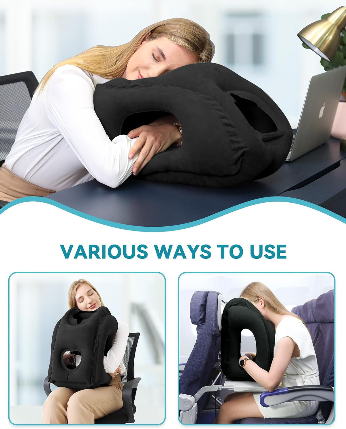 Inflatable Travel Pillow, Airplane Neck Pillow Comfortably Supports Head and Chin for Airplanes, Trains, Cars Office Napping on The Tray Table (Grey)