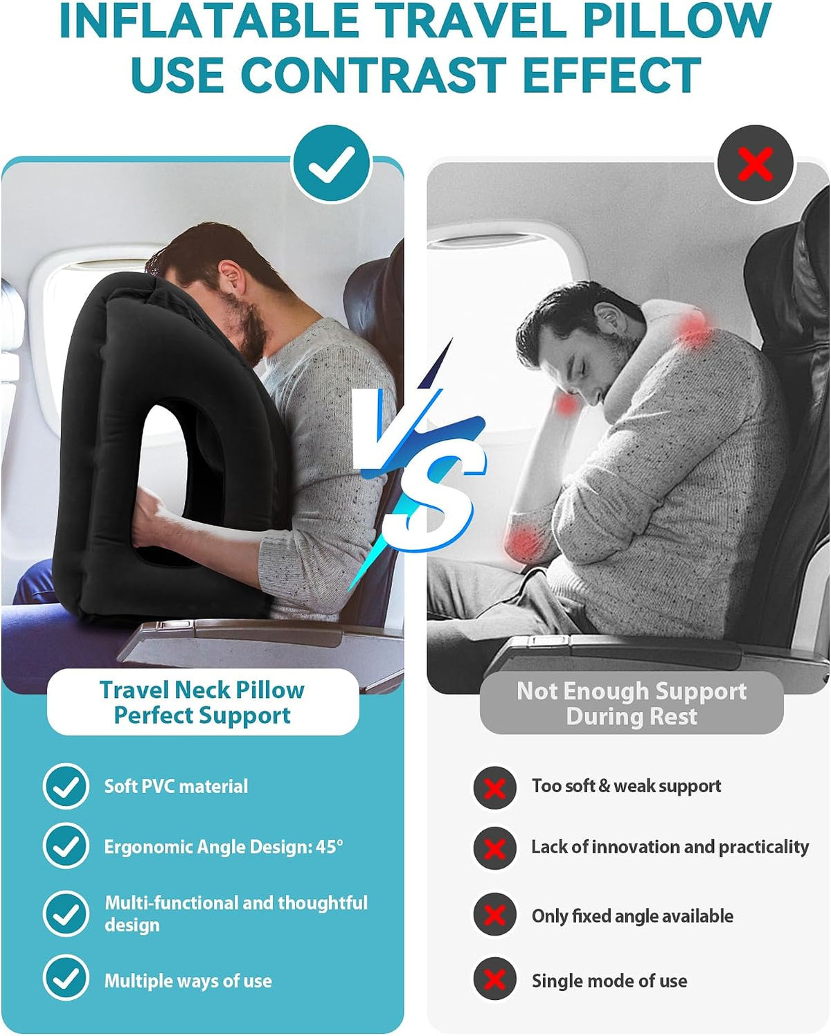 Inflatable Travel Pillow, Airplane Neck Pillow Comfortably Supports Head and Chin for Airplanes, Trains, Cars Office Napping on The Tray Table (Grey)